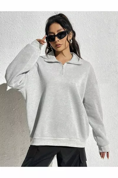 رمادي الوقوف طوق نصف سستة مستقيم سترة قميص من النوع الثقيل