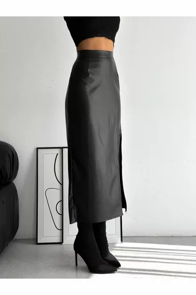 كماشة سوداء شق الخصر المرن تنورة جلدية طويلة موسمية  سم