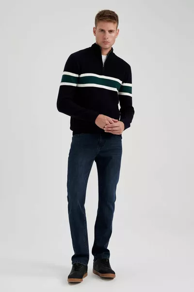 Marineblau Standard Fit Regular Fit Stehkragen Reißverschluss Gestreifter Strickpullover wn