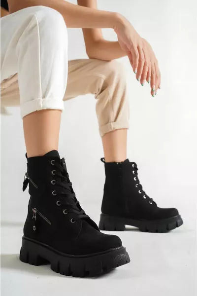 Vrouwen Zwart Suède Twee Rits Waterdichte Postal Boots & Bootie 