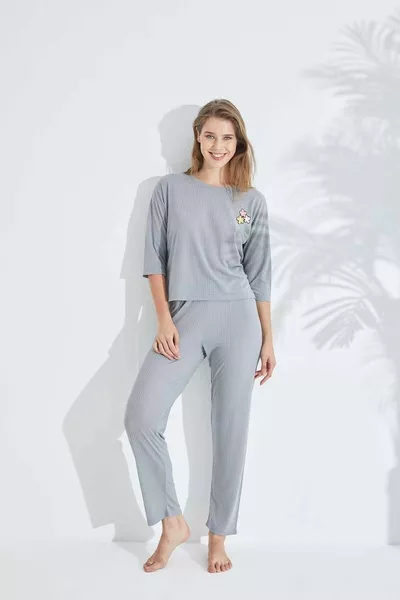 grey Soft Touch Fine Knitted Embroidered Pajamas Set