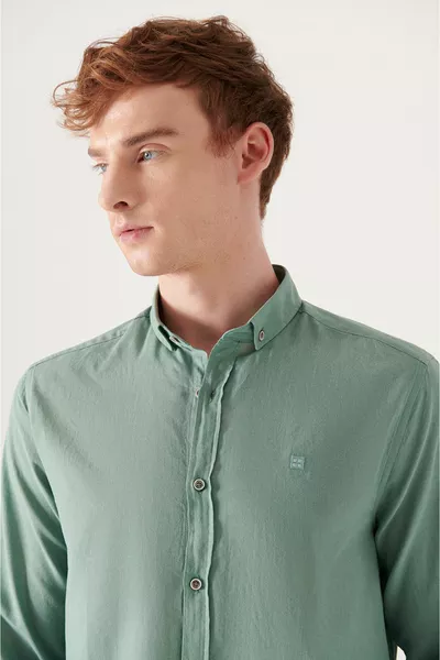 Erkek Yeşil % Pamuk Ince Yumuşak Tuşe Düğmeli Yaka Gömlek 