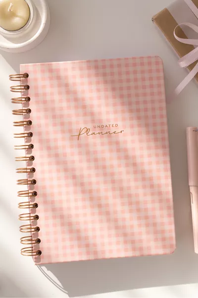  Spiral Undated Planner Notebook with Motivation Pages and Checkered Design