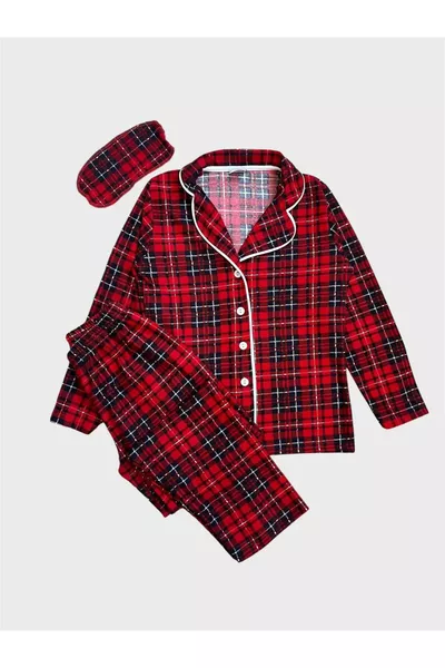 طقم بيجاما للفتيات مزود بقناع نوم، قميص بأزرار بياقة، مصنوعة من قماش سويد قطنية، بنقشة مربعات حمراء