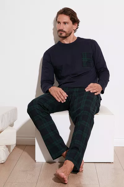 طقم بيجامة رجالي بجيوب وخصر مطاطي، مربعات، قماش قطن %، قياس منتظم 