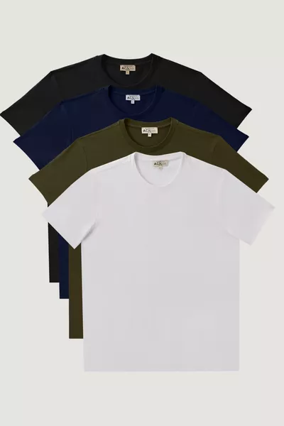 Pacchetto da 4 T-shirt basic da uomo, girocollo, taglio slim, aderente, colore bianco-nero-blu scuro-verde kaki, % cotone
