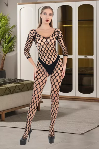 Women's Black Open Crotch Fantasy Nightgown Fishnet Bodystocking