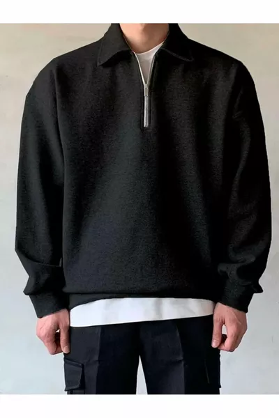 Men's Polo Collar Half-Zip Sweatshirt BLACK