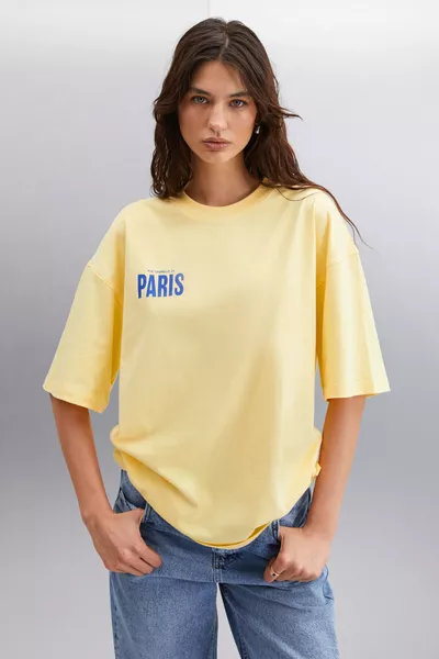 Gıllıan Dames T-shirt Geel van % Biologisch Katoen met Oversized Pasvorm en Voor- en Achterdruk