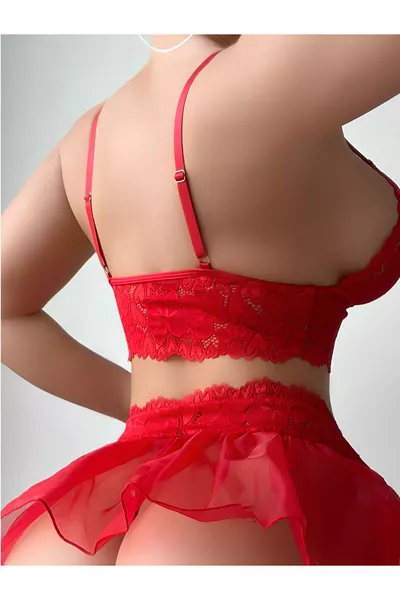 Costume élégant en tulle rouge à 5 pièces avec dentelle