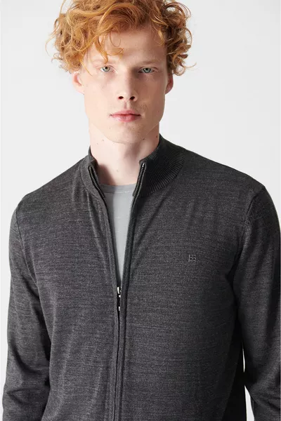 كارديغان أساسي رجالي أنثراسيت بياقة عالية وسحاب 