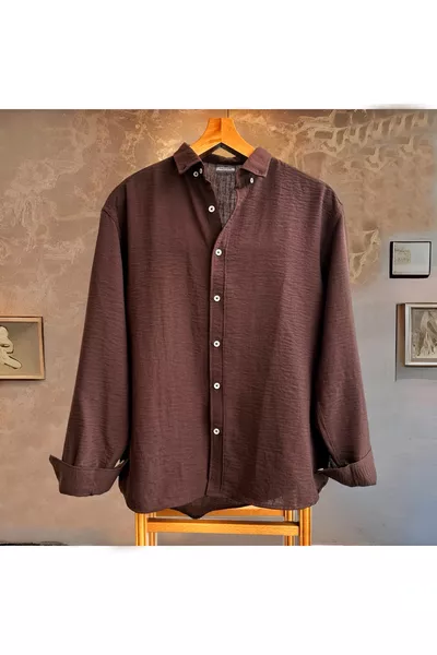 قميص رجالي واسع بياقة قميص وأكمام طويلة من الكتان الصيفي