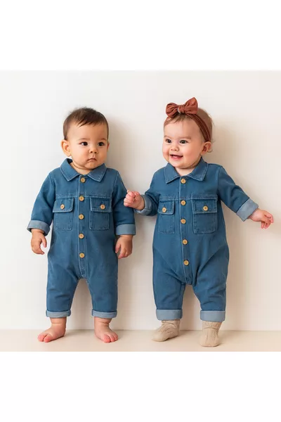 Unsere fröhlichen Babys Latzhose aus Jeans mit Kragen und Taschen
