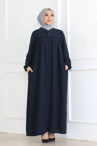 Daily Robe-Style Mevlana Dress with Lining, Navy Blue