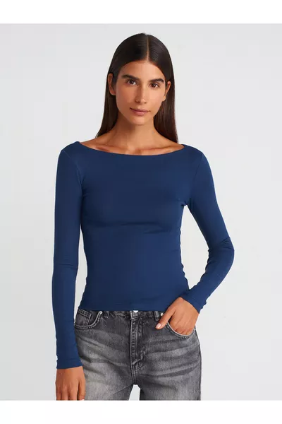  بلوزة بأكمام طويلة وياقة قارب - كحلي