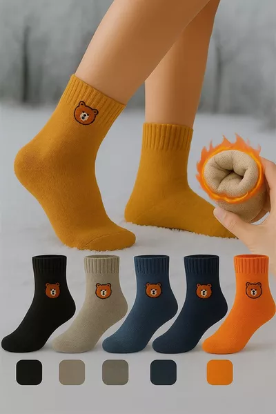 Women's Thermal Winter Socks Set with Teddy Bear Pattern, 3 Pairs