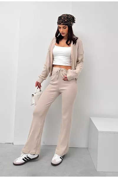 Beige Ribbed Pants with Zipper Bomber Jacket Women's Top and Bottom Set