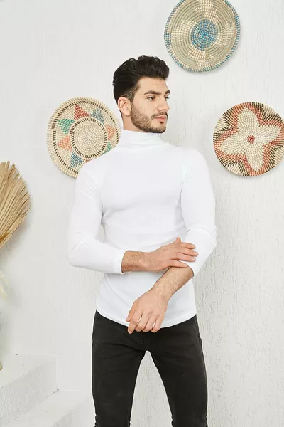 Men's White Turtleneck Knit Lycra Sweater
