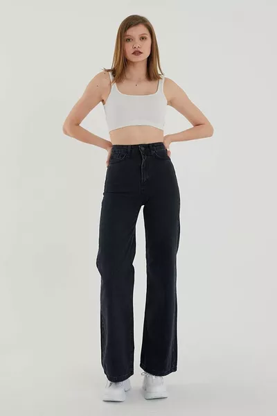 بنطال جينز واسع الساق أسود سولماز، جينز مريح أسود مرن بالازو