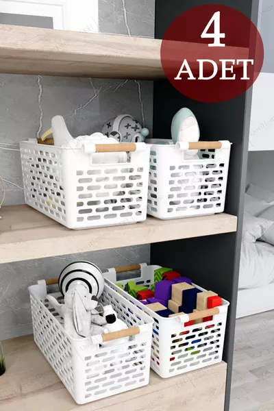 Комплект от 4 бели кошници с дървесен вид и дръжки, многофункционален организатор