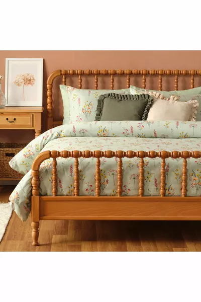 % Cotton Satin Flores Double Duvet Cover Set Light Green ( cm)