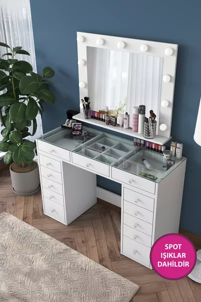 Rani  Холлиуд с подсветкой Зеркальный туалетный столик с ящиком для макияжа и стеклянной столешницей, органайзер для украшений, белый