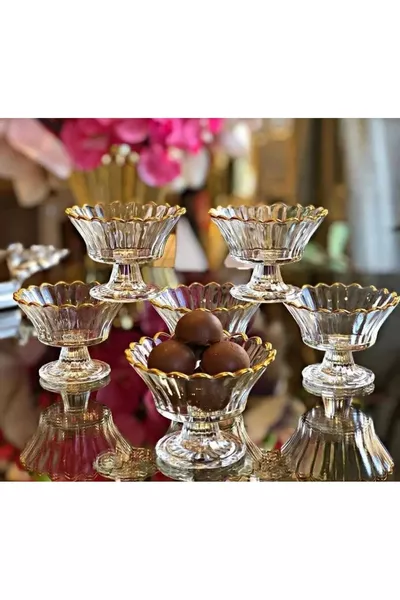 cc 6-Piece Glass Candy Dish with Stand, Gilded, for Serving Turkish Delight, Jam, or Sweets, Gold