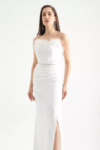 Dames Witte Otriched Beugel Korset Split Lange Avondjurk