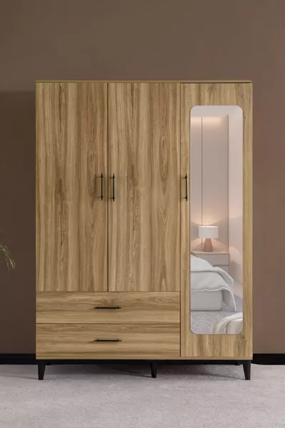 خزانة ملابس، بليسك بثلاثة أبواب، خزانة أدراج مع مرآة - جوز