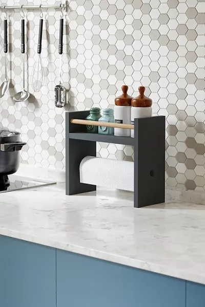 Porta rotolo con porta spezie da banco Organizzatore da tavolo Mensola in legno - Grigio antracite