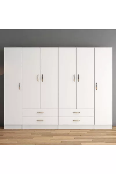 6-Door, Four-Drawer Wide Wardrobe White - 