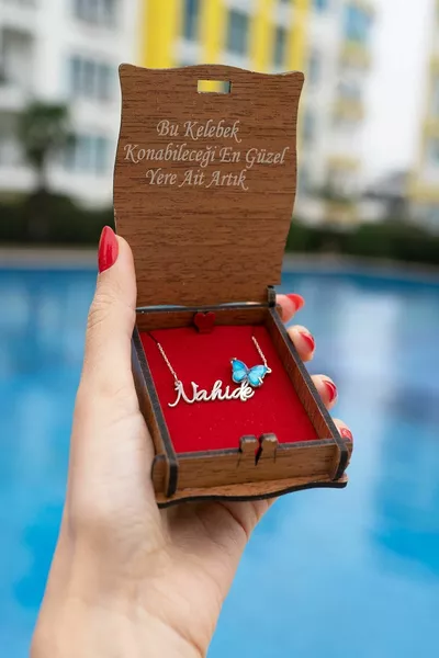  Sterling Silver Necklace with Blue Enamel, Personalized, Butterfly Design, Comes with a Box