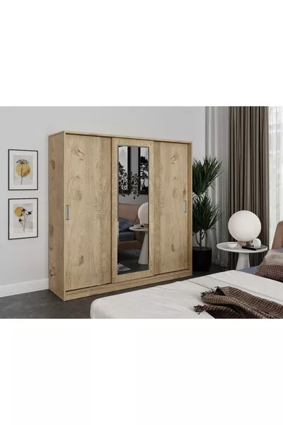 Samira 3-Door Sliding Mirror Wardrobe - Fully Oak MDF