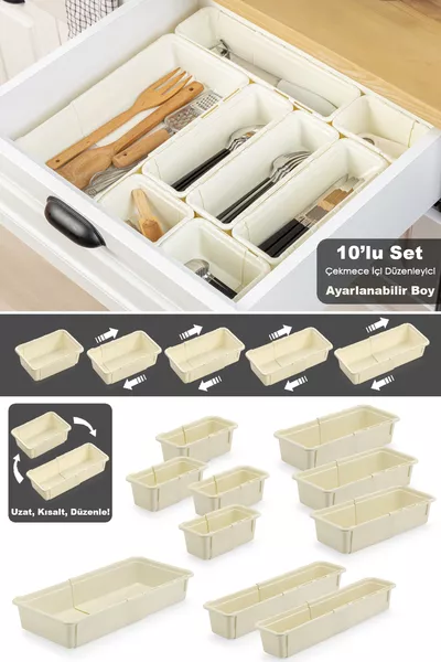 Комплект от  регулируеми държачи за лъжици - разтегателен модулен органайзер за чекмедже за кухня, бежов