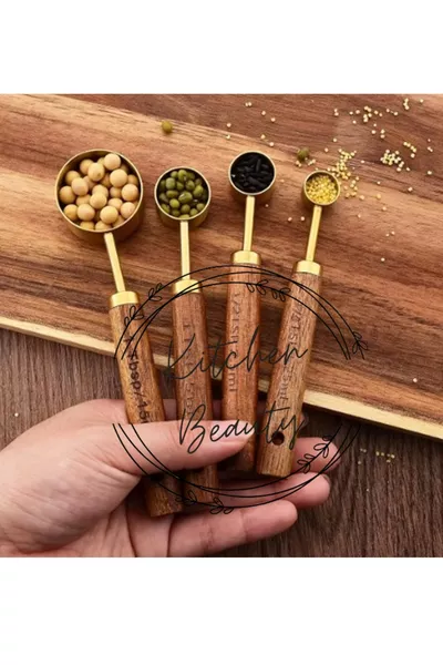 Set van 4 gouden roestvrijstalen maatlepels met houten handvat, maatbekers 1, ml 2,5 ml 5 ml  ml