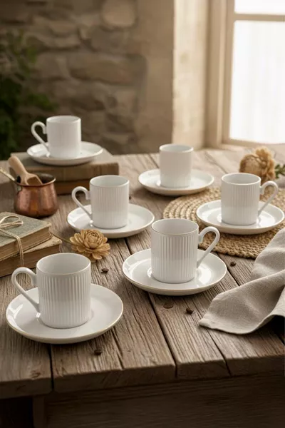 Специален дизайн порцеланова кафена чаша с злато, комплект  части за 6 души, на райета,  мл - кафена чаша