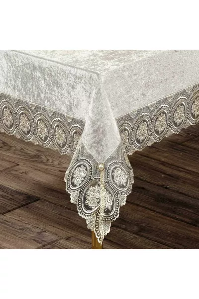 Rose Pattern Velvet Tablecloth - Cream and Coffee Colors
