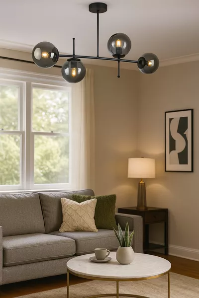 ثريا فيريس الحديثة لغرفة المعيشة والمطبخ وغرفة النوم، لون أسود مع زجاج دخاني، أربع مصابيح