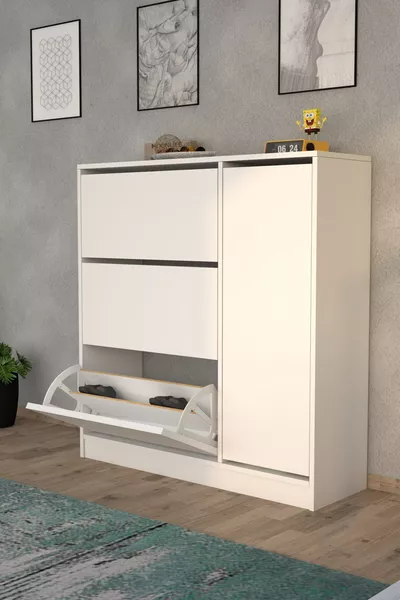 خزانة أحذية بيضاء من ميلانو بثلاث أبواب مع رف متحرك