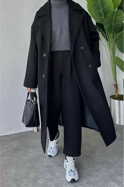 معطف كاشيه أسود بقصة مريحة وأكمام منخفضة وياقة مع على شكل كروس