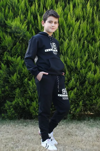  Printed Hoodie with Kangaroo Pocket and Sweatpants Set for Boys