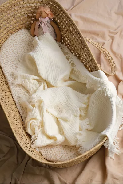 Муслинова кърпа и одеяло, 4 слоя, с ресни, % памук, органично, сертифицирано по Oeko-Tex,  см, крем