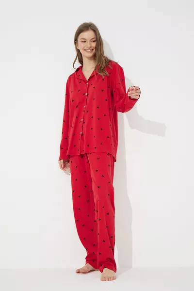 Red Cotton Buttoned Pajama Set