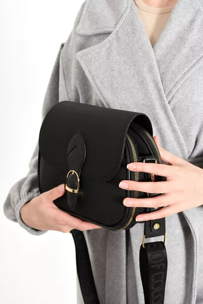 حقيبة يد وكتف نسائية سوداء بثلاثة أقسام وحمالة عمود