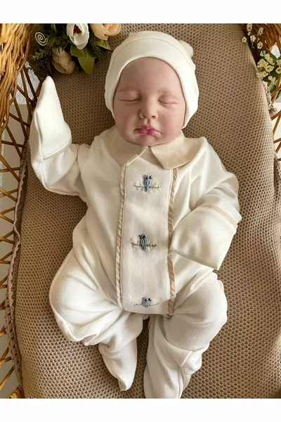 Handcrafted Blue Bird Milk Coffee Fabric Detailed Baby Boy Newborn Romper and Hat