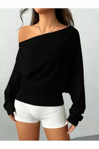 سويت شيرت بقبة عارضة جديدة للموسم مع تفاصيل كسر على الكتف للنساء