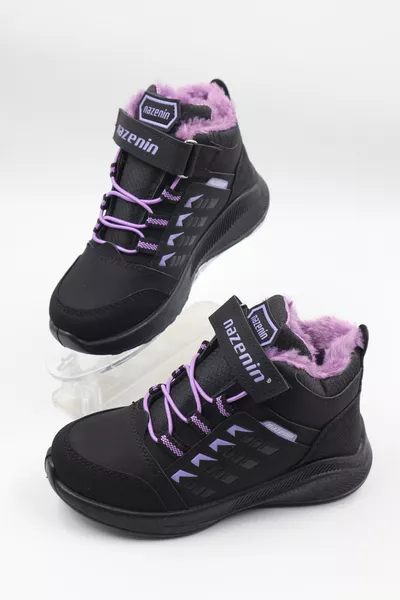 حذاء يومي أسود مقاوم للبرد للأطفال البنات صوف أرجواني