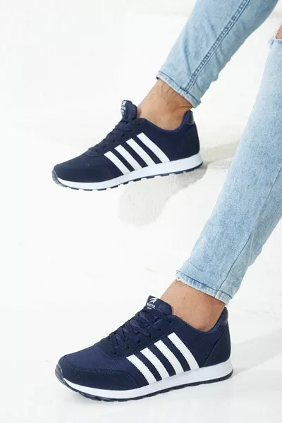 حذاء رياضي رجالي كاجوال مريح بخطوط بيضاء وزرقاء، بنعل ناعم