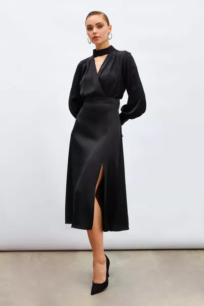 Satin Skirt with Slit - BLACK