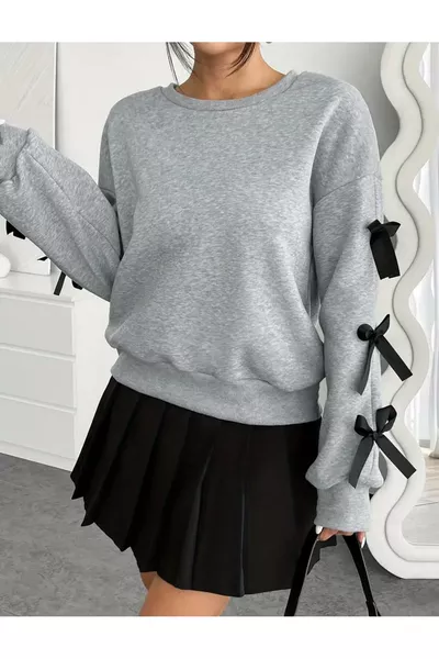 Women's Grey Sweatshirt with Black Ribbon and Bow Sleeves, Crew Neck